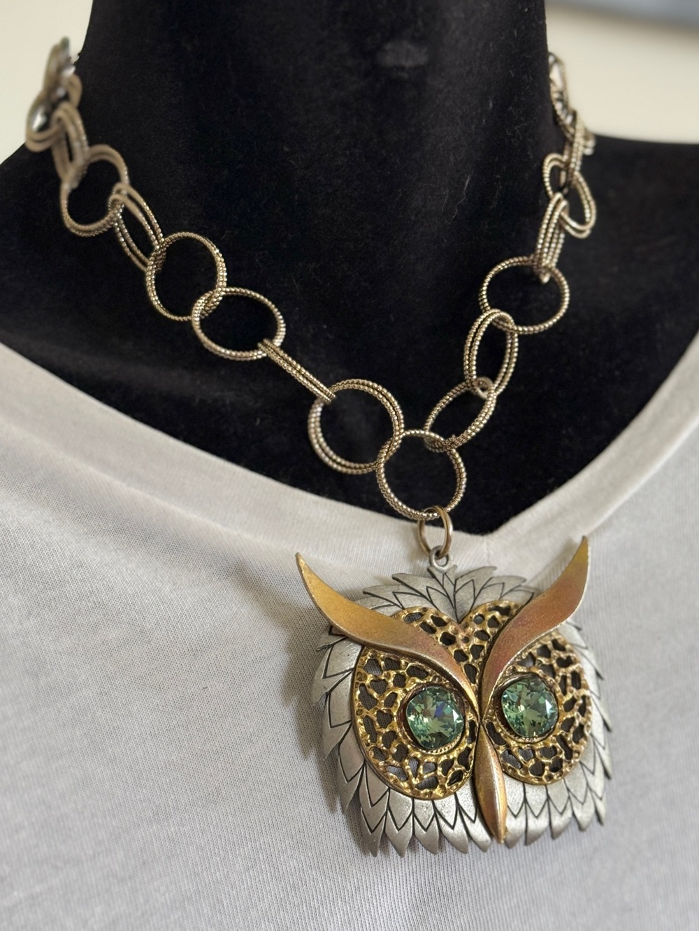 Upcycled Owl Choker Necklace with Green Rhinestone Eyes on Gold Tone Chain OOAK - Picture 3 of 10